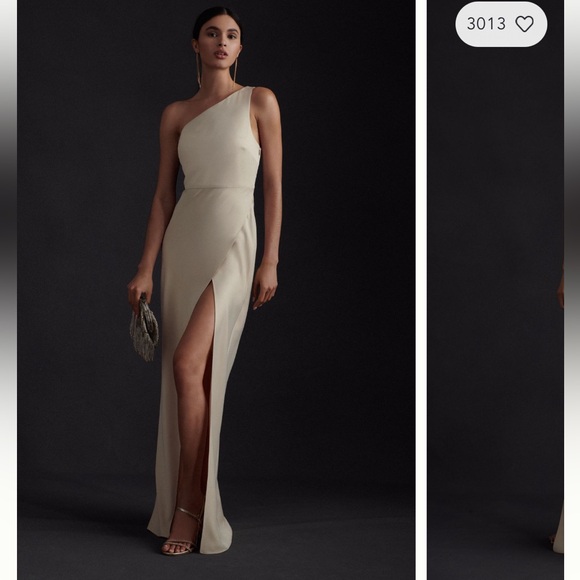 BHLDN DYLAN ONE-SHOULDER SATIN SIDE-SLIT GOWN Champagne - Picture 2 of 6
